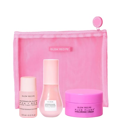 Bestsellers Travel Trio: Watermelon Toner, Dew Drops and Plum Cream in Pink Mesh Pouch